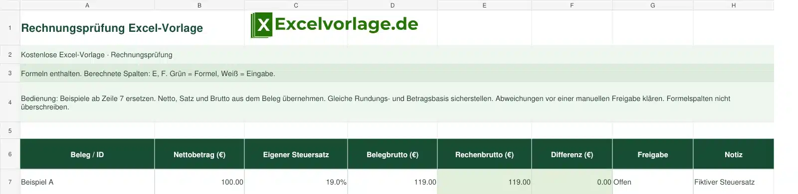 Rechnungsprüfung 2 Rechnungsprüfung-Excel-Vorlage mit Logo, sichtbarem Zellraster, Beispieldaten und grün markierten Formelspalten.