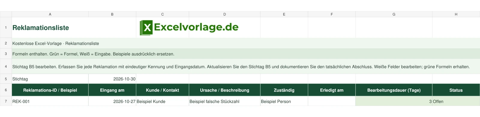 Reklamationsliste 2 Reklamationsliste – echte Ansicht der finalen Excel-Datei mit Original-Logo, Zellraster und grünen Formelbereichen.