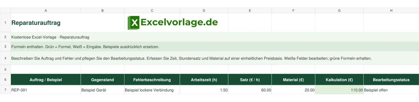 Reparaturauftrag 2 Reparaturauftrag – echte Ansicht der finalen Excel-Datei mit Original-Logo, Zellraster und grünen Formelbereichen.
