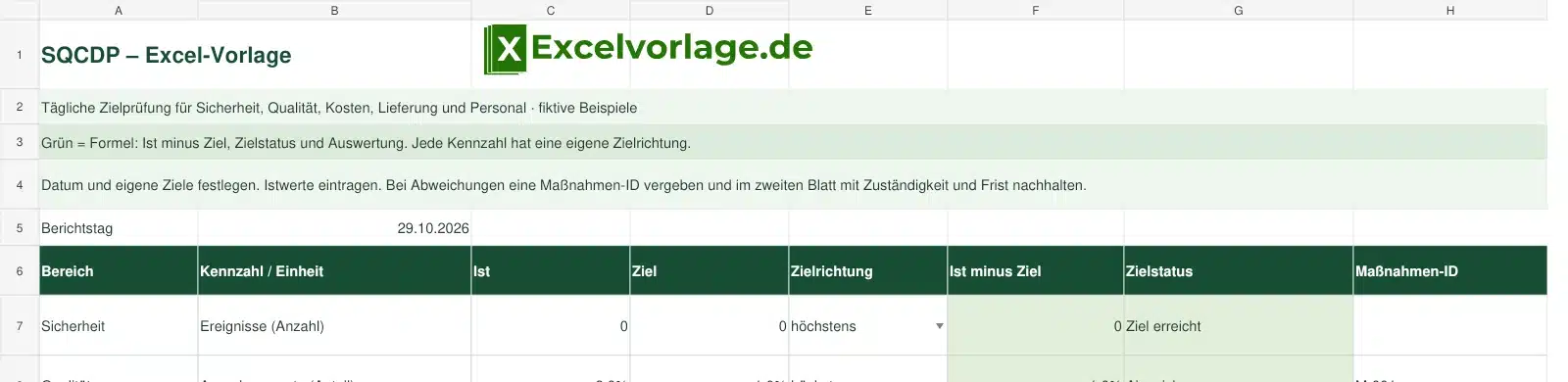 SQCDP 2 SQCDP Excel-Vorlage mit kompaktem Titel und vollständig sichtbarem Logo