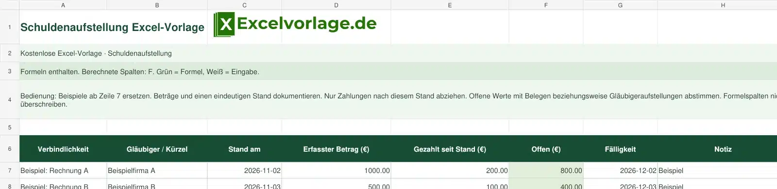 Schuldenaufstellung 2 Schuldenaufstellung-Excel-Vorlage mit Logo, sichtbarem Zellraster, Beispieldaten und grün markierten Formelspalten.