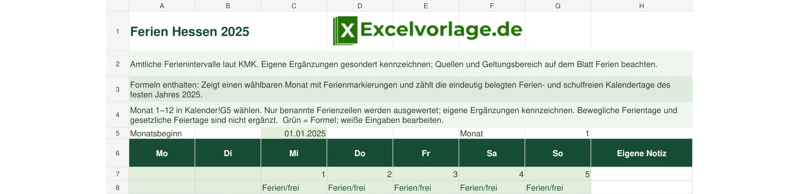Schulferien Kalender 2025 Hessen 2 Schulferien Kalender 2025 Hessen – echte Vorschau der Excel-Vorlage