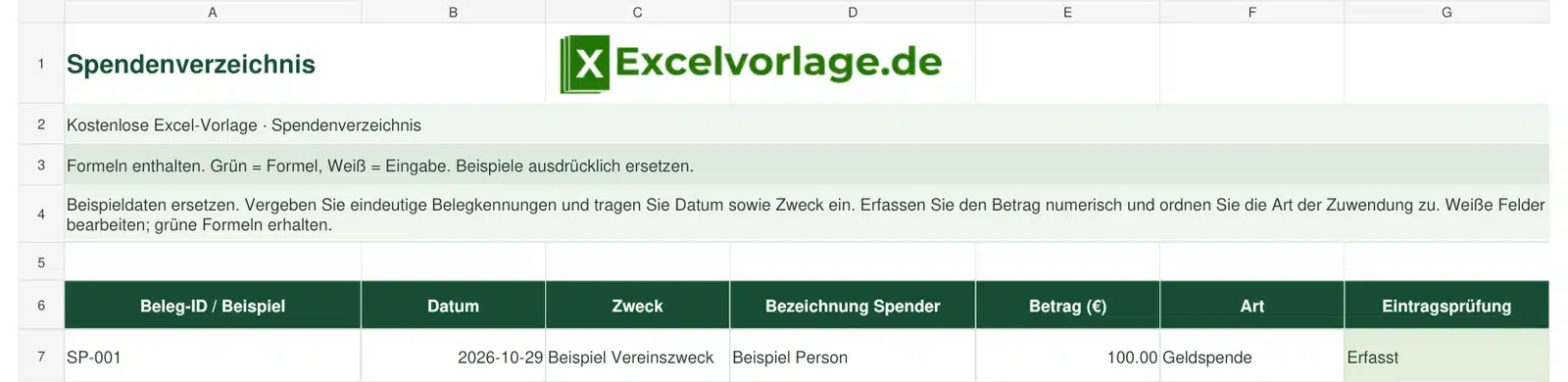 Spendenverzeichnis 2 Spendenverzeichnis – echte Ansicht der finalen Excel-Datei mit Original-Logo, Zellraster und grünen Formelbereichen.