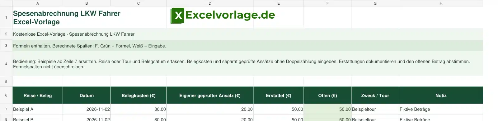 Spesenabrechnung LKW Fahrer 2 Spesenabrechnung LKW Fahrer-Excel-Vorlage mit Logo, sichtbarem Zellraster, Beispieldaten und grün markierten Formelspalten.