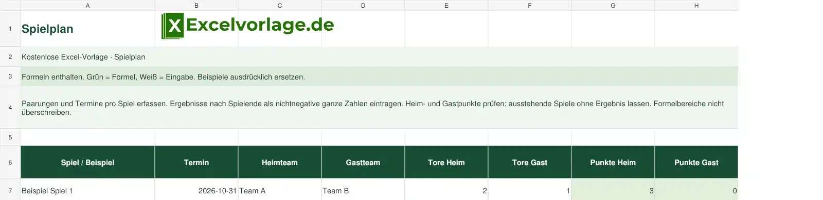 Spielplan 2 Spielplan – echte Ansicht der finalen Excel-Datei mit Original-Logo, Zellraster und grünen Formelbereichen.