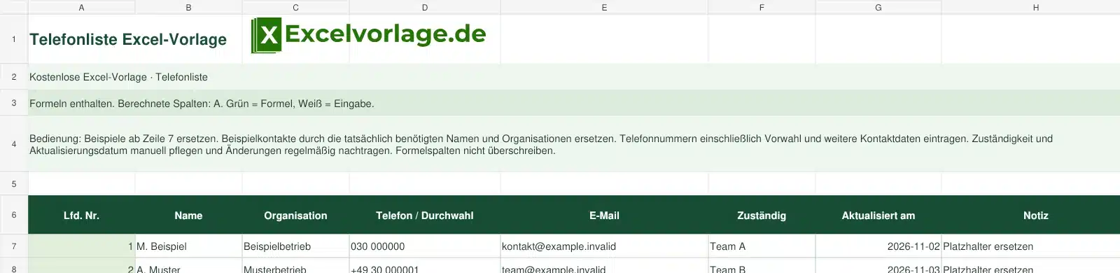 Telefonliste 2 Telefonliste-Excel-Vorlage mit Logo, sichtbarem Zellraster, Beispieldaten und grün markierten Formelspalten.