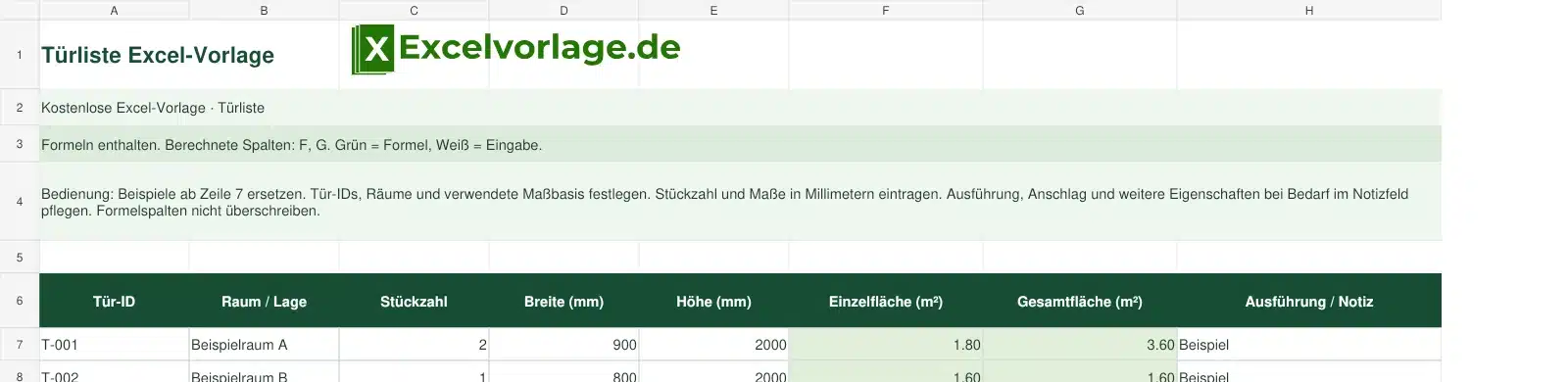 Türliste 2 Türliste-Excel-Vorlage mit Logo, sichtbarem Zellraster, Beispieldaten und grün markierten Formelspalten.