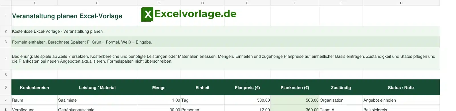Veranstaltung planen 2 Veranstaltung planen-Excel-Vorlage mit Logo, sichtbarem Zellraster, Beispieldaten und grün markierten Formelspalten.