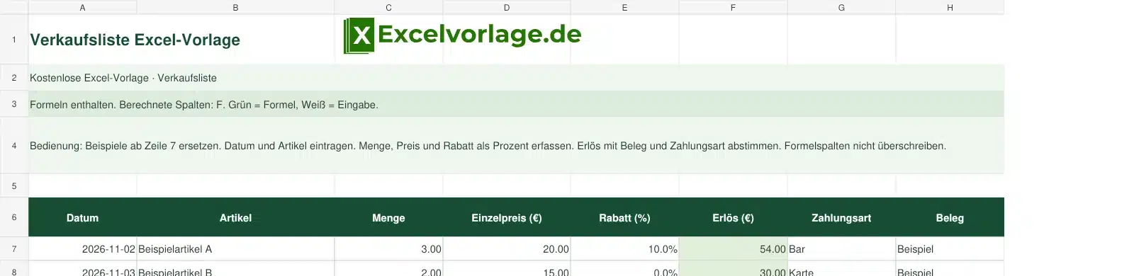 Verkaufsliste 2 Verkaufsliste-Excel-Vorlage mit Logo, sichtbarem Zellraster, Beispieldaten und grün markierten Formelspalten.