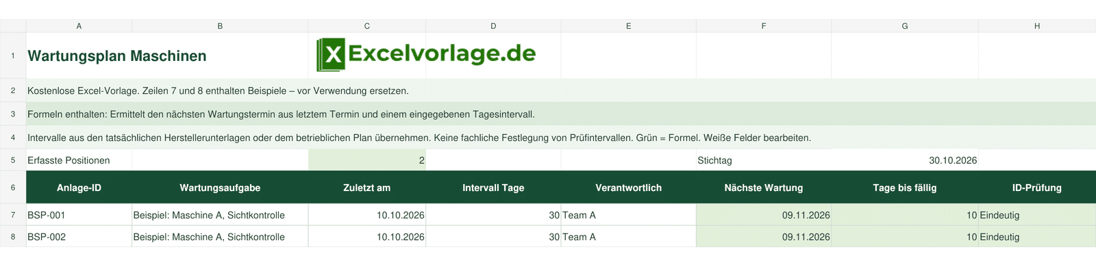 Wartungsplan Maschinen 2 Wartungsplan Maschinen: echte Excel-Tabelle mit Anlage-ID, Wartungsaufgabe, Zuletzt am, Intervall Tage, Verantwortlich, Nächste Wartung, Tage bis fällig, ID-Prüfung und grünen Formelspalten