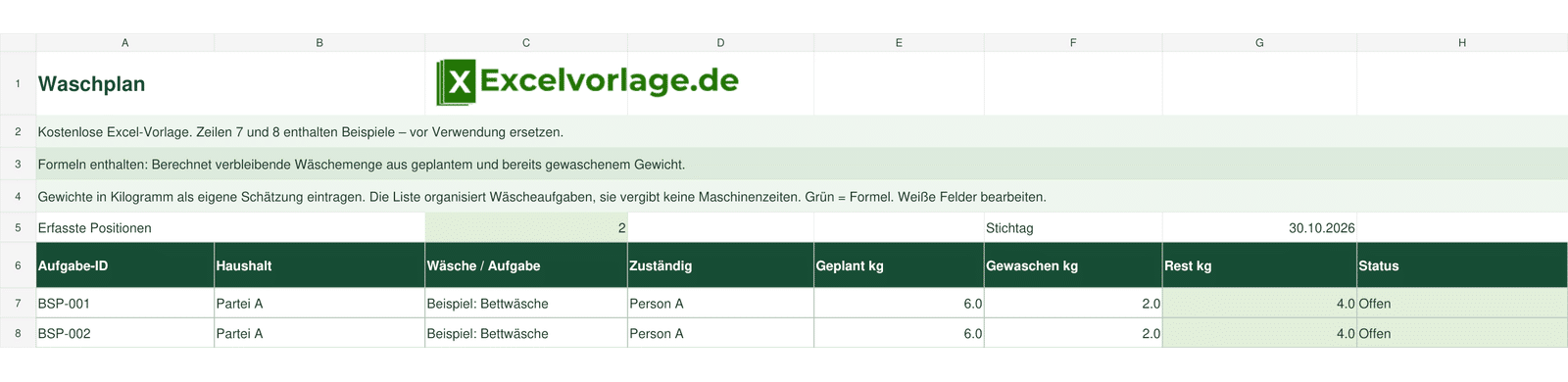 Waschplan 2 Waschplan: echte Tabellenansicht mit Aufgabe-ID, Haushalt, Wäsche / Aufgabe, Zuständig, Geplant kg, Gewaschen kg, Rest kg, Status und grünen Formeln
