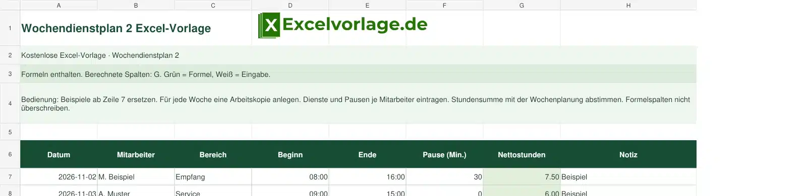 Wochendienstplan 2 2 Wochendienstplan 2-Excel-Vorlage mit Logo, sichtbarem Zellraster, Beispieldaten und grün markierten Formelspalten.