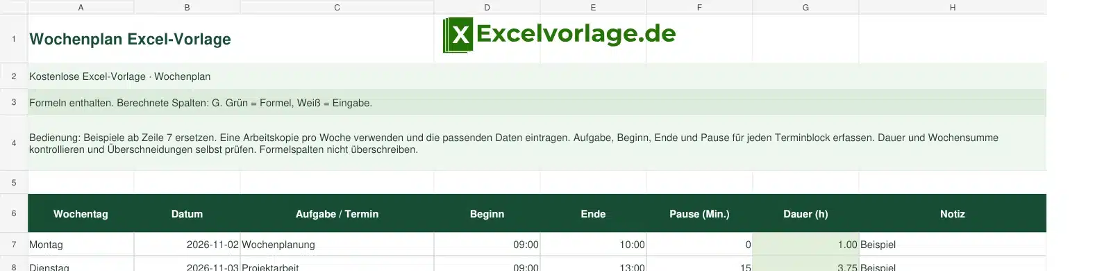 Wochenplan 2 Wochenplan-Excel-Vorlage mit Logo, sichtbarem Zellraster, Beispieldaten und grün markierten Formelspalten.