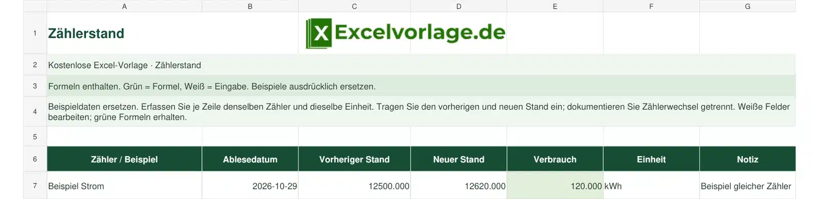 Zählerstand 2 Zählerstand – echte Ansicht der finalen Excel-Datei mit Original-Logo, Zellraster und grünen Formelbereichen.