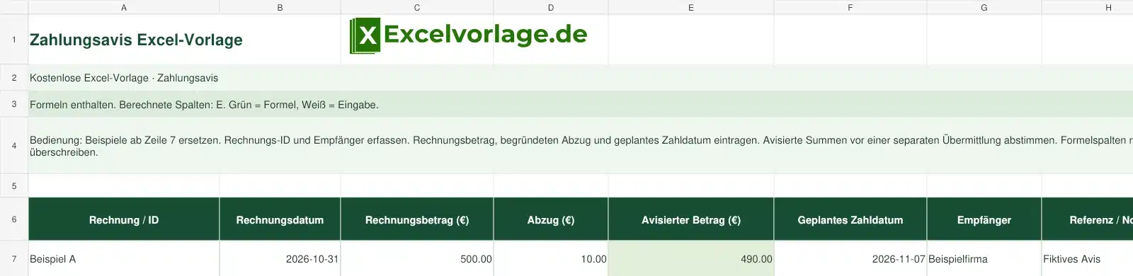 Zahlungsavis 2 Zahlungsavis-Excel-Vorlage mit Logo, sichtbarem Zellraster, Beispieldaten und grün markierten Formelspalten.