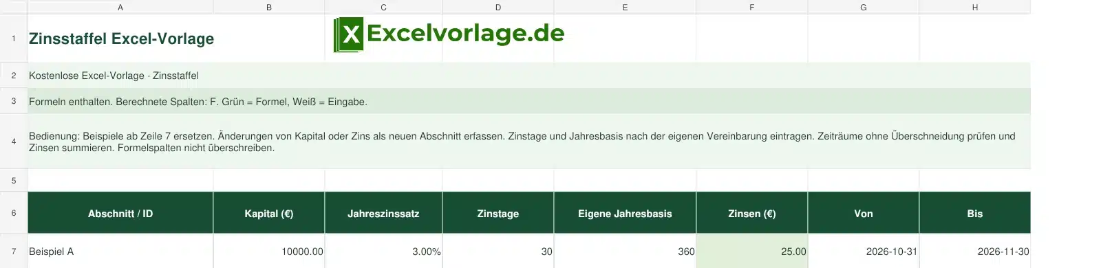 Zinsstaffel 2 Zinsstaffel-Excel-Vorlage mit Logo, sichtbarem Zellraster, Beispieldaten und grün markierten Formelspalten.